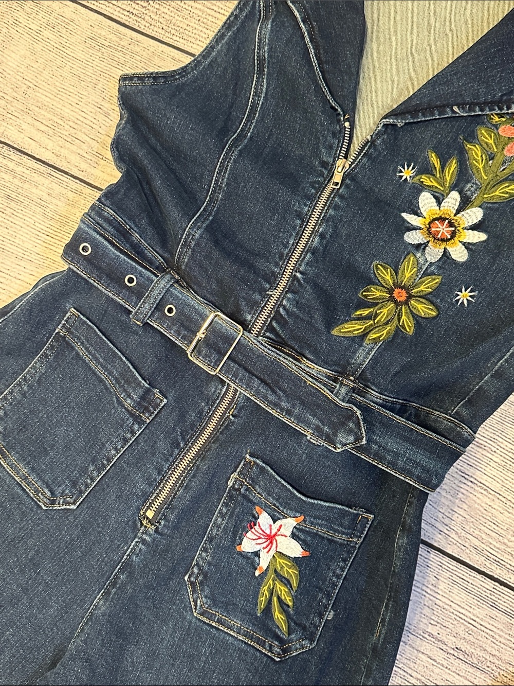 Peekskill Sz Large Embroidered Dark Blue Denim Jumpsuit with Belted Waist • NEW! - Picture 6 of 12